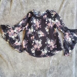 Roommates Sheer Floral Blouse With Bell Sleeves Size L